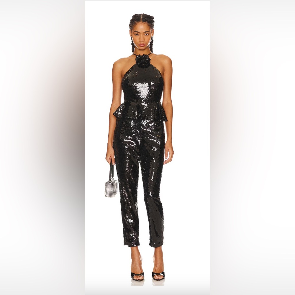 Revolve black sequin flower halter jumpsuit